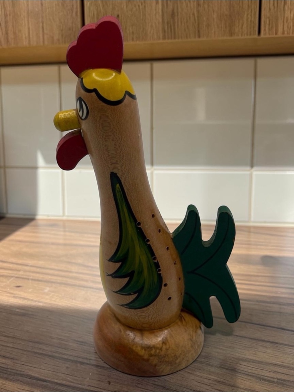 MCM Folk Art Wood Rooster Toothpick Holder for Appetizers Hand Painted 7.25”